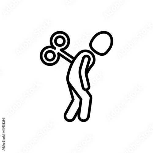 Fatigue, emotional burnout thin line icon: tired man with clockwork key in his back. Low energy, overworked. Vector illustration of depression, neurosis, chronic tiredness.