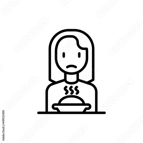 Loss of appetite thin line icon: sad woman sitting in front of plate. Vector illustration of neurosis symptom, depression.