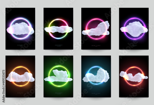 Set abstract futuristic design composition with realistic cloud and neon glowing shape. Modern fashion background for flyer, banner, cover. Creative vector illustration.