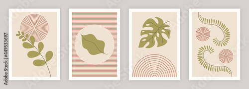 Set of trendy minimalist botanical posters. Green leaves of various shapes, geometric shapes. Abstract collection for wall decoration. Flat line art vector illustrations isolated on white backgroun