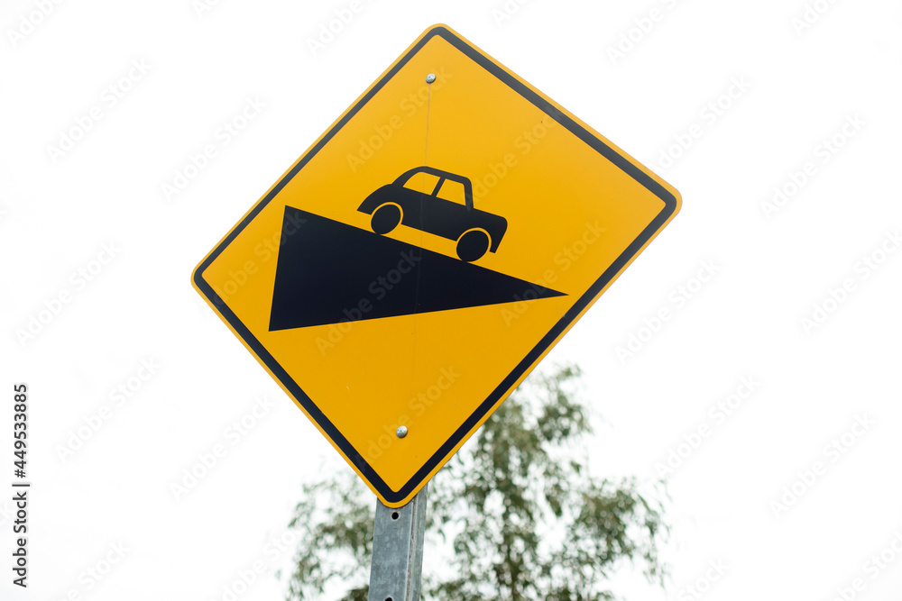 Steep hill road sign, black on yellow in Adelaide, South Australia Steep hill road sign, black on yellow in Adelaide, South Australia