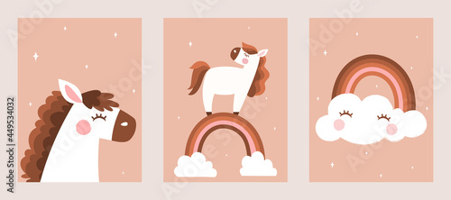 Kids Room Decoration. Cute pony, rainbow and cloud on pink background. Abstract collection of posters for young children. Nursery Wall Art for Baby Boy And Girl. Cartoon flat hand drawn vector set