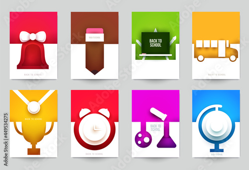 Back to school art composition in modern minimalistic style. Collection cartoon design concepts. Set of colorful templates background for cover, banner, flyer. Creative vector illustration.