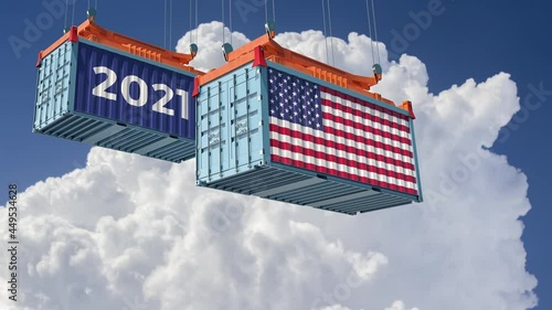 Trading 2021. Freigth Container with USA Flag. 3D Rendering photo