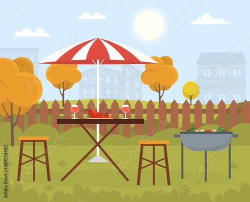 BBQ party in backyard. Outdoor picnic. Meat, vegetables, wine on the table under a large beautiful umbrella. A garden with a grill and autumn trees. Cartoon flat vector illustration for banners