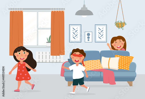Little kids playing hide and seek in living room. Boy with his eyes closed looking for girls in room. Activity for young children. Cartoon flat vector illustration isolated on a white background