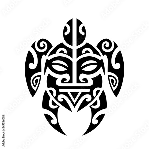 Sea turtle and face maori style tattoo. Editable sea turtle element, can be used as logotype, icon, template in web and print. Diving logo.