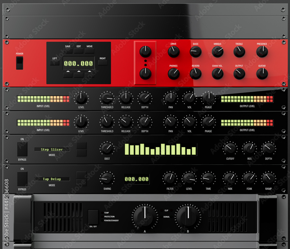 Music instriument, professional audio rack in a dark studio, 3d rendering Music instriument, professional audio rack in a dark studio, 3d rendering