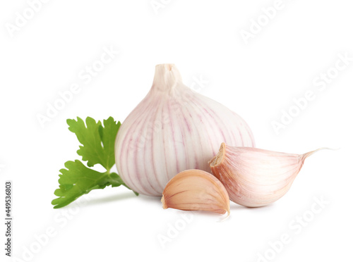 Fresh garlic and parsley on white background