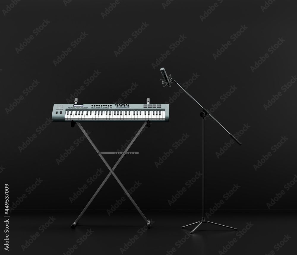 Music instriument, studio keyboard stand and keyboard with microphone on it in a dark studio, 3d rendering Music instriument, studio keyboard stand and keyboard with microphone on it in a dark studio, 3d rendering