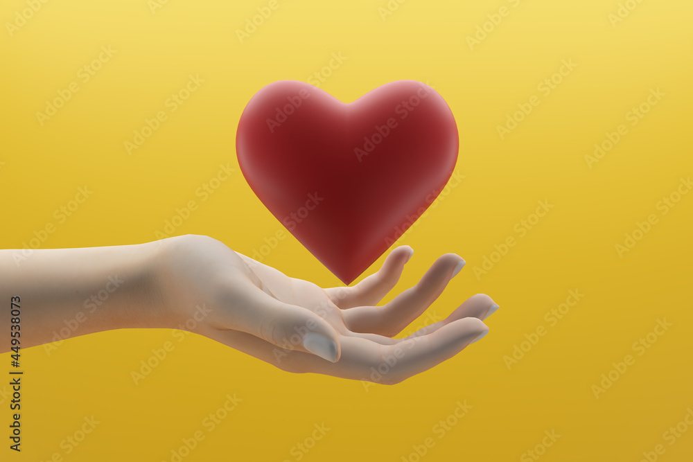 Hand holds giving red heart shape. Idea for People, love, charity, health and family concept. 3d rendering Hand holds giving red heart shape. Idea for People, love, charity, health and family concept. 3d rendering