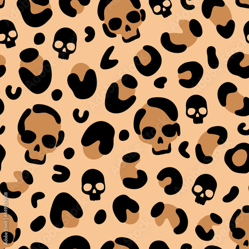 Skull leopard print. Camouflage leopard vector seamless pattern on beige background. Leopard skin texture. Halloween pattern.