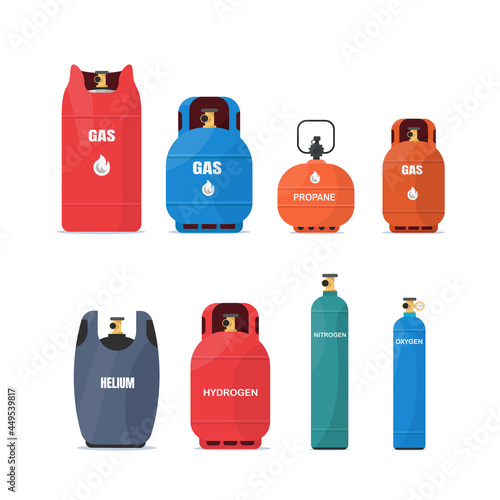 Gas storage, cylinder containers set. Vector flat illustration