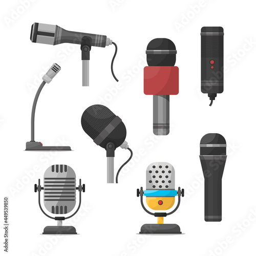 Microphones and dictaphone vector flat icons. Icon microphone, dictaphone electronic and recorder microphone