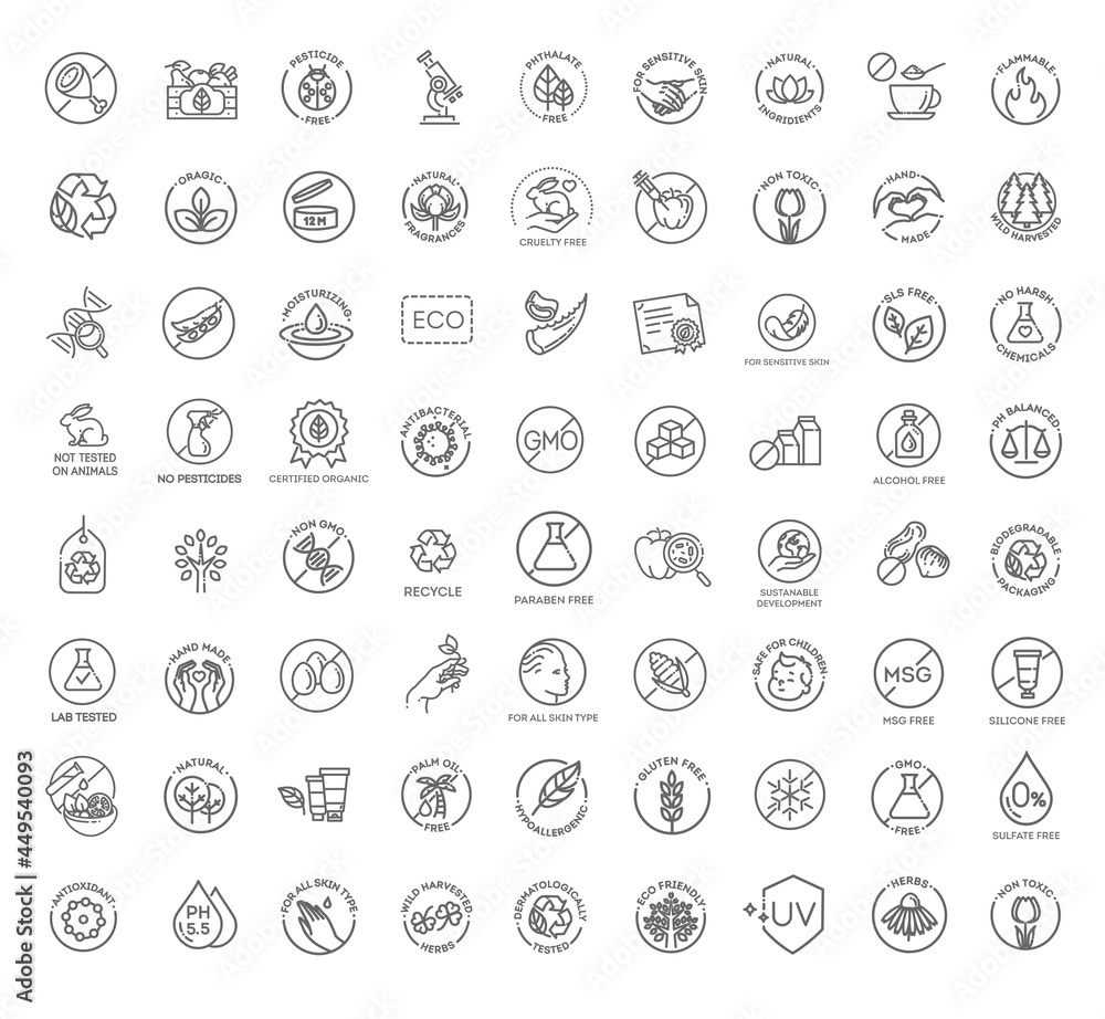 Natural organic cosmetics, vegan food symbols