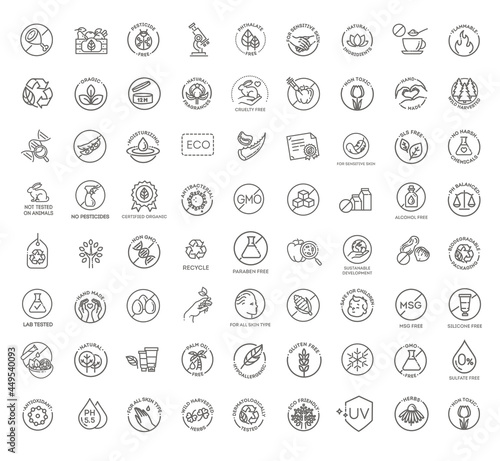 Natural organic cosmetics, vegan food symbols