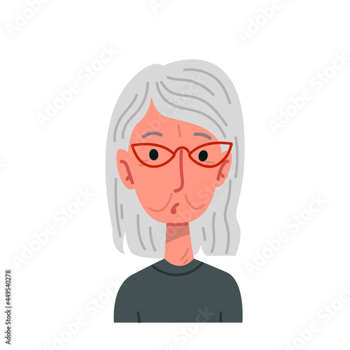 Portrait of cartoon gray-haired woman with glasses. Vector illustration of female in cartoon childish style. Isolated funny clipart on a white background. Cute old lady print