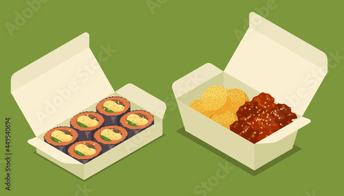 持ち帰り容器に入ったキンパとチーズボールとヤンニョムチキンのベクターイラスト素材