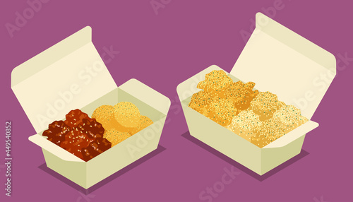 容器に入ったヤンニョムチキンとチーズボールとフライドチキンのベクターイラスト素材