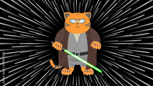 Vector cartoon funny red fat and disgruntled monk style cat with green light sword on the background of the star hyper jump effect.