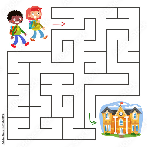 A schoolgirl with a backpack and a black boy walk to the yellow school building through the Labyrinth. Square maze. A maze for a child s problem. The development of preschoolers. Vector illustration