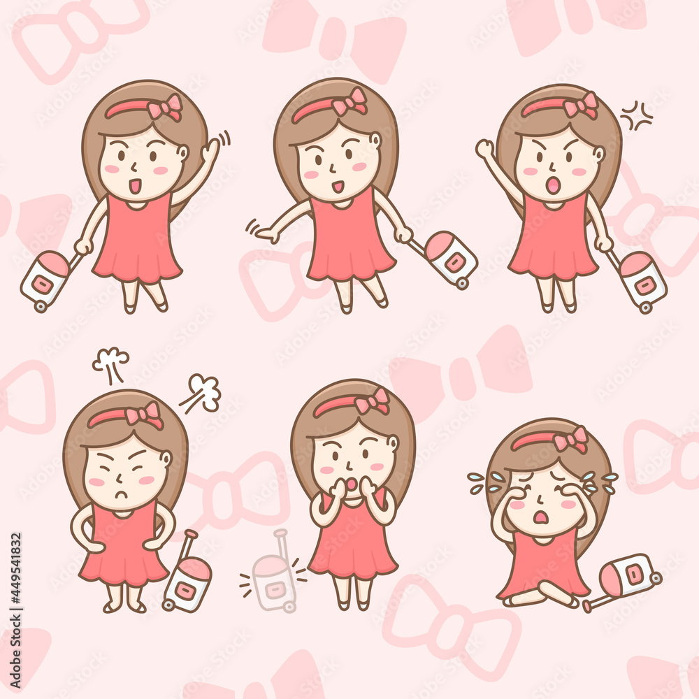Design element vector of cute tourist girl cartoon character in various cute actions, Tourist girl with her pinky travelling bag travel around the world, Cute cartoon hand drawn style. Design element vector of cute tourist girl cartoon character in various cute actions, Tourist girl with her pinky travelling bag travel around the world, Cute cartoon hand drawn style.
