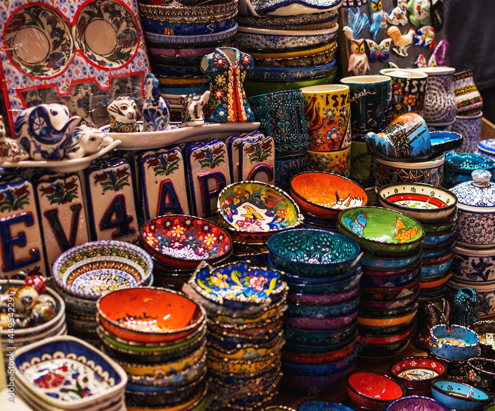 Collection of turkish ceramics on sale at the Grand Bazaar in Istanbul, Turkey. Turkish colorful ornamental ceramic souvenir