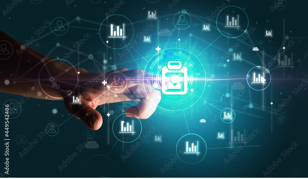 Businessman hand pressing stock graphic information on multitouch screen Businessman hand pressing stock graphic information on multitouch screen