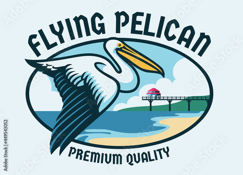 Flying Pelican with beach background