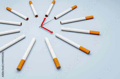 A clock made of cigarettes, time to give up smoking concept. 3D Illustration