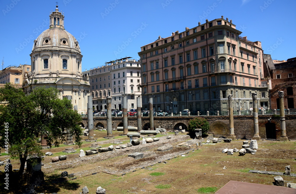 View from the Imperial Forums, which constitute a series of five monumental squares built over a century and a half by Julius Caesar and the emperors Augustus, Vespasian, Nerva and Traiano