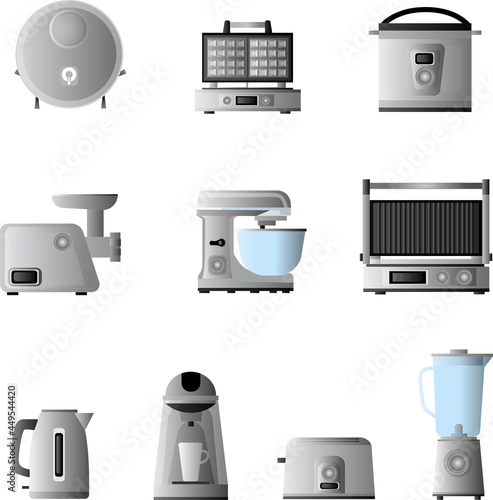 Appliances. Electrical equipment for the kitchen. Vector illustration of home appliances for cooking. Slow cooker, toaster, blender, mixer, waffle iron, grill, coffee machine, kettle.