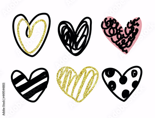 Doodle hearts, hand drawn love heart collection.Handdrawn rough marker hearts isolated on white background. Vector illustration for your graphic design.