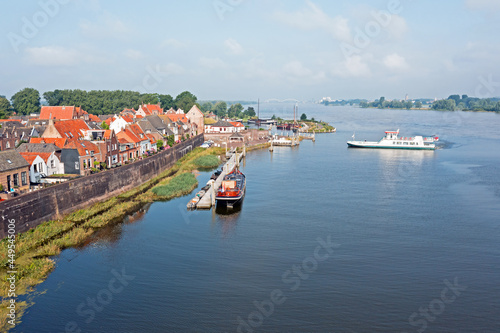 Aerial from the harbor and city Woudrichem at the river Merwede in the Netherlands