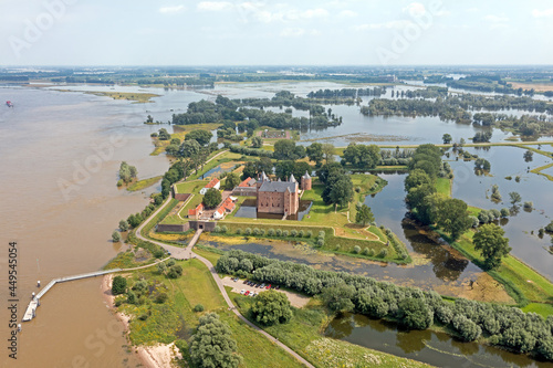 Aerial from castle Loevestein in a flooded landscape in the Netherlands