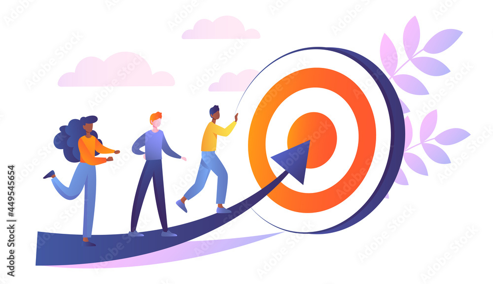 Goal achievement concept with diverse multiracial people reaching the goal.  Abstract metaphor. Flat cartoon vector illustration Stock Vector | Adobe  Stock