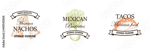 Set of hand drawn Mexican food logos isolated on white background. Vector illustration in sketch style