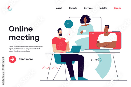 Business concept flat style outline vector illustration on the subject of online meeting, group discussion, video conference. Editable stroke