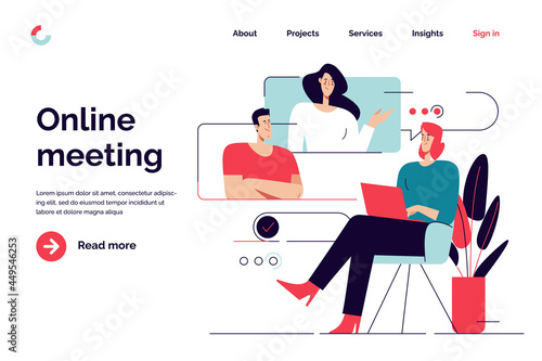 Business concept flat style outline vector illustration on the subject of online meeting, group discussion, video conference. Editable stroke