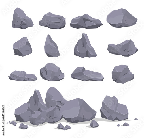 Collection of gray cartoon rock stone vector flat illustration heavy natural mineral geology granite