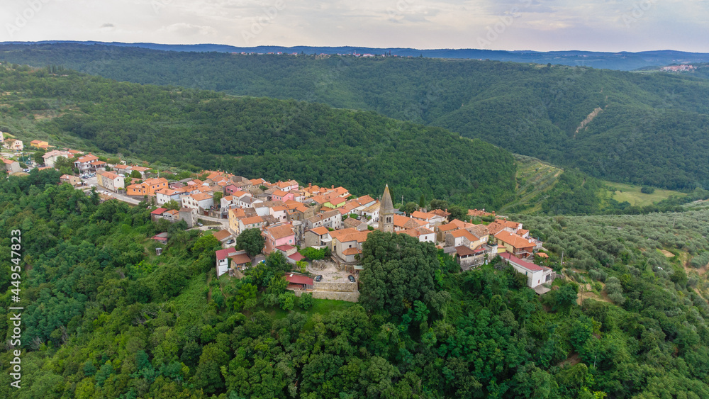 Typical old Istrian village Padna on a hill in summer, Slovenia