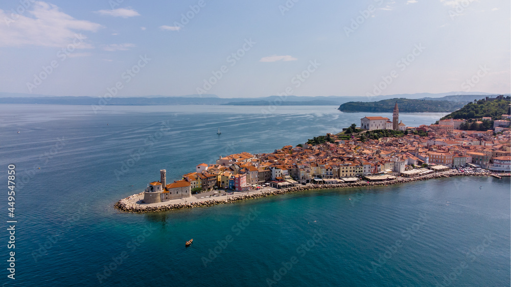 Aerial view of the fairy-tale town of Piran in Slovenia.