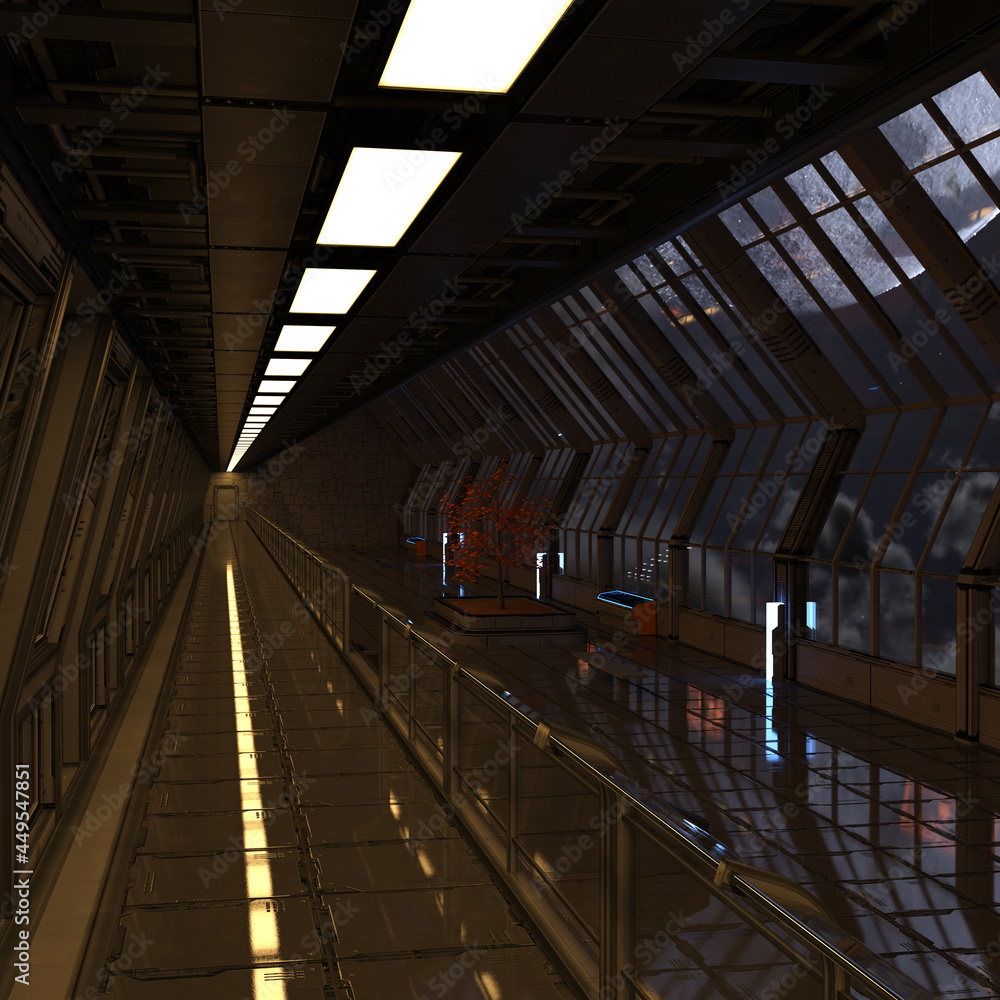 Obraz premium 3D-illustration of a futuristic empty hallway room in a science fiction starship