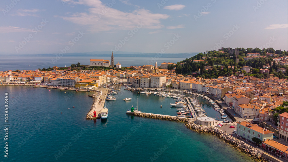 Aerial view of the fairy-tale town of Piran in Slovenia.