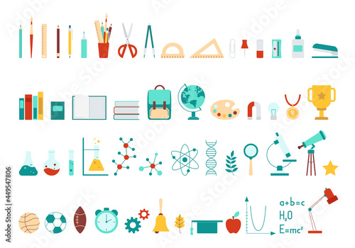Set of school icons, supplies, tools, stationery. Ruler, globe, pen, pencil, books. Collection of flat design elements chemistry, biology, astronomy. Isolated on white background vector illustration