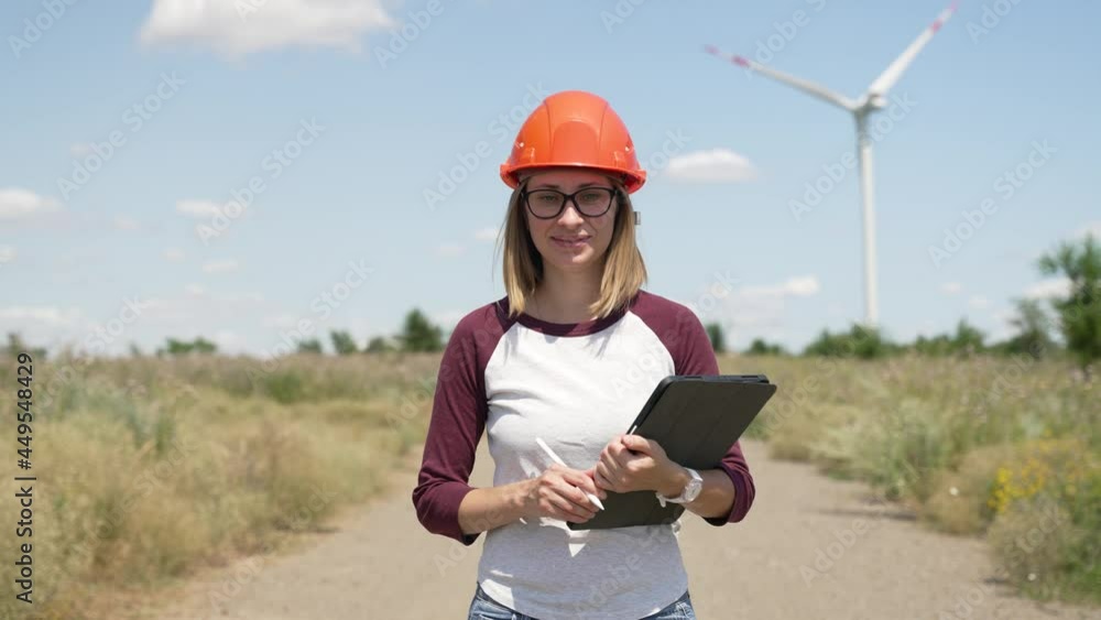 Woman engineer working in wind turbine electricity industrial. Female worker walking forward to wind turbines. Ecological energy, industry power, windmill, field worker renewable Woman engineer working in wind turbine electricity industrial. Female worker walking forward to wind turbines. Ecological energy, industry power, windmill, field worker renewable