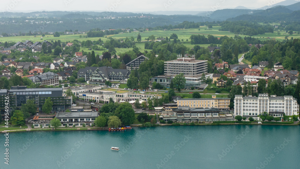 Aerial view of the city of Bled in Slovenia.