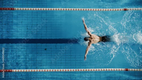 Obraz Aerial Top View Male Swimmer Swimming in Swimming Pool. Professional Determined Athlete Training for the Championship, using Butterfly Technique. Top View Shot