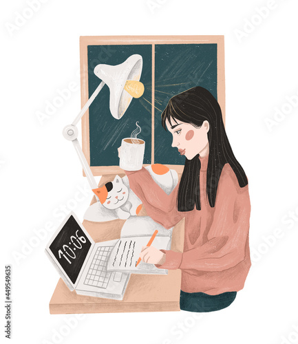 Back to school, study. Girl doing homework at her desk. Hand drawn illustration on white isolated background 