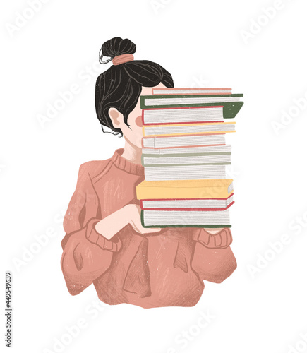 Back to school, study. Girl with a stack of books. Hand drawn illustration on white isolated background 